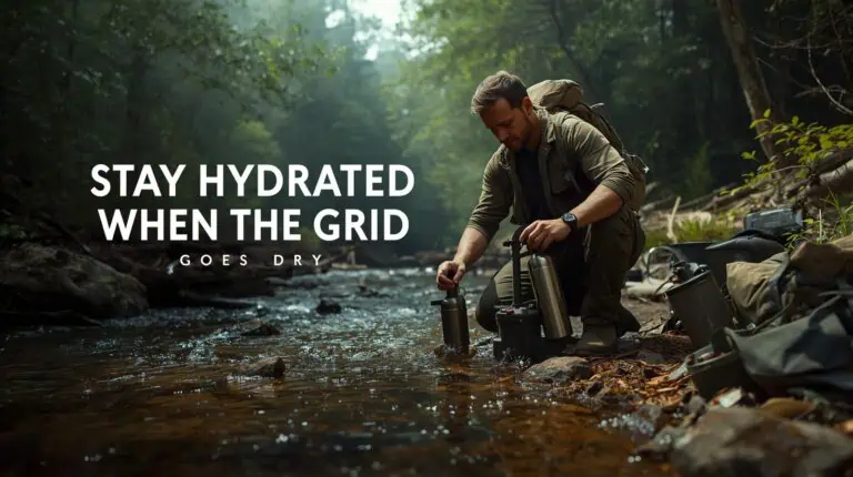 Water-resistant outdoor hydration gear for camping and hiking, man filling water bottle by stream in forest, Adventure Wiser outdoor adventure gear.