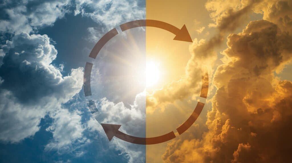 Vivid transition between a bright, sunny sky and dark, stormy clouds illustrating weather change and atmospheric dynamics.