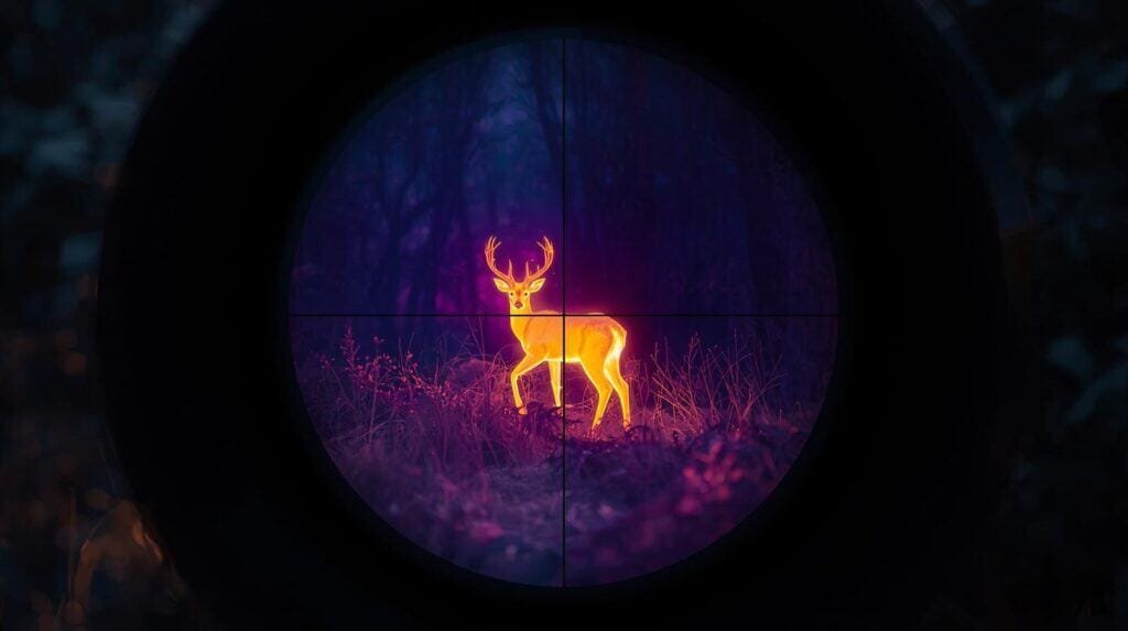 A glowing neon-colored deer seen through a sniper scope in a dark forest, highlighting wildlife observation and nature photography.