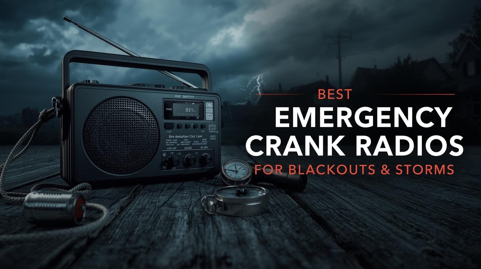 Compact emergency crank radio with AM/FM and NOAA weather alert features, ideal for blackout and storm preparedness, shown on a wooden surface outdoors during a thunderstorm.