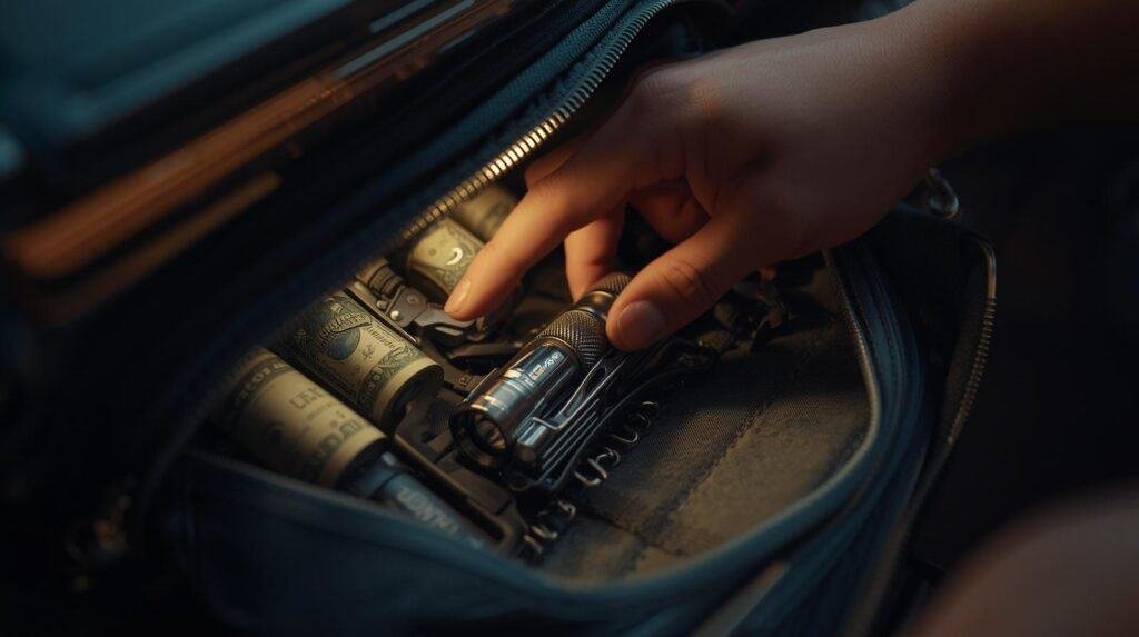 A glove compartment or bug-out bag partially open, revealing rolled cash, a multi-tool, and a small flashlight. A hand reaching in, ready to grab it during an emergency.
Style: realistic, warm lighting, close-up detail shot.
Vibe: tactical preparedness meets financial foresight.
