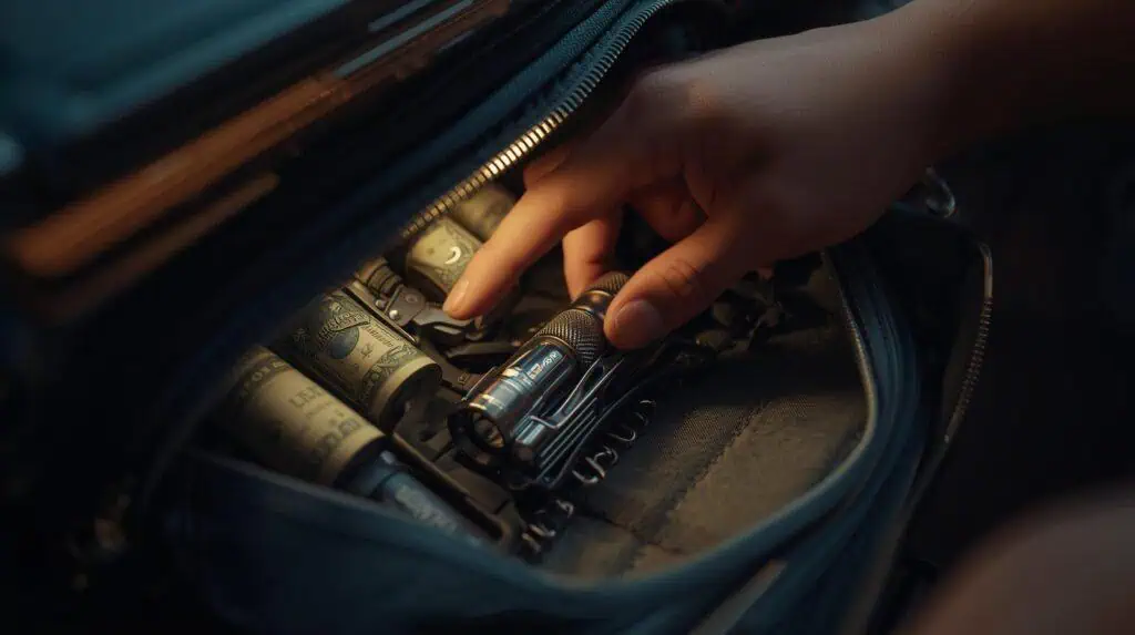A glove compartment or bug-out bag partially open, revealing rolled cash, a multi-tool, and a small flashlight. A hand reaching in, ready to grab it during an emergency.Style: realistic, warm lighting, close-up detail shot.Vibe: tactical preparedness meets financial foresight.