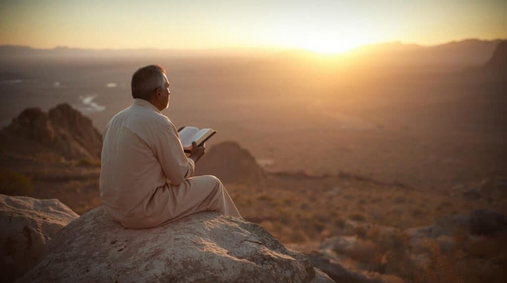 A man sitting on a large rock during sunset in a desert setting, reading a book surrounded by rugged terrain and distant mountains, capturing peaceful moments of outdoor exploration.