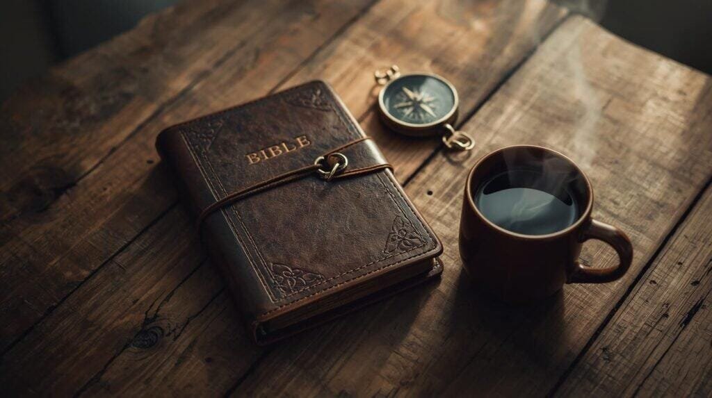 Leather-bound Bible with a wrap-around strap, placed on a rustic wooden table alongside a steaming cup of coffee and a vintage compass, creating a cozy, adventure-inspired devotional scene.