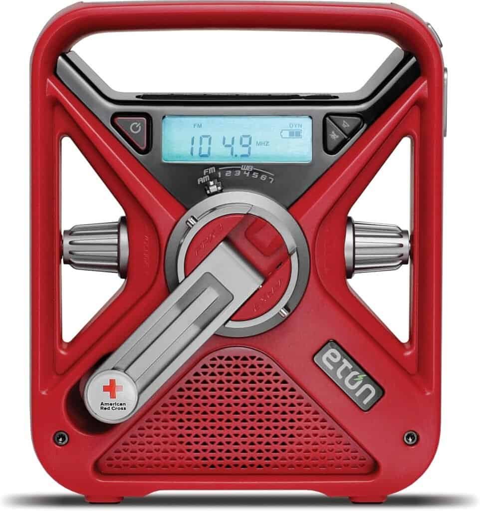 Portable Red Emergency Radio with Digital Tuner and NOAA Weather Alert for Outdoor Survival and Adventure Preparedness.