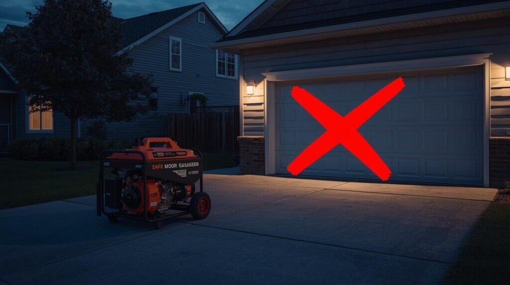 Outdoor generator properly placed on a driveway far from the house, with a red X overlay showing a garage door as the dangerous option. Cool evening lighting, realistic suburban setting. Clear ‘safe vs unsafe’ visual