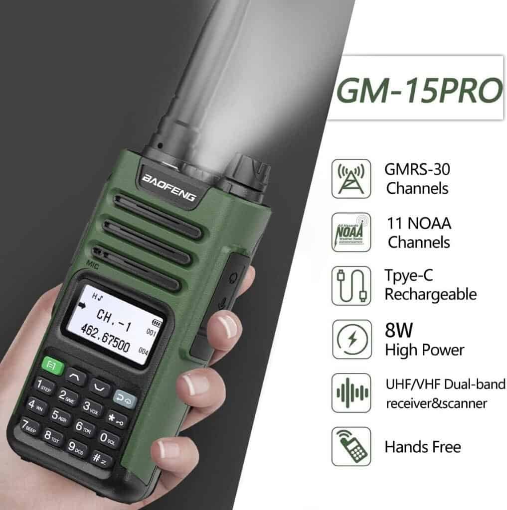 High-power handheld walkie-talkie with NOAA weather channels, USB rechargeable, and UHF/VHF dual-band receiver for outdoor communication and adventure safety.