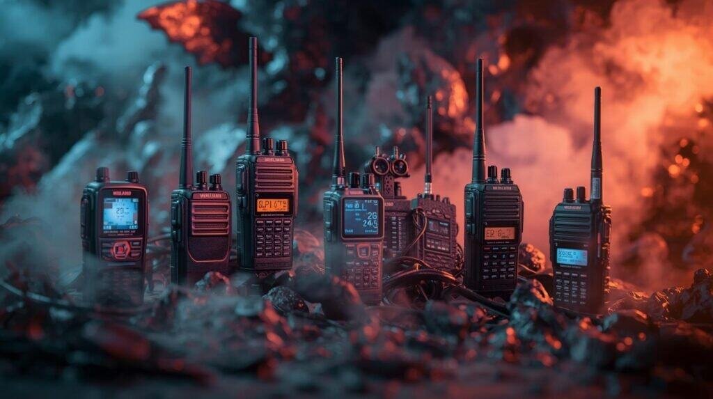 Radios and walkie-talkies arranged outdoors at dusk, illuminated by colorful lighting, emphasizing emergency communication tools for adventure travel and outdoor expeditions.