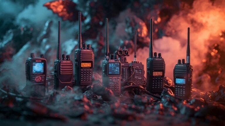 Radios and walkie-talkies arranged outdoors at dusk, illuminated by colorful lighting, emphasizing emergency communication tools for adventure travel and outdoor expeditions.