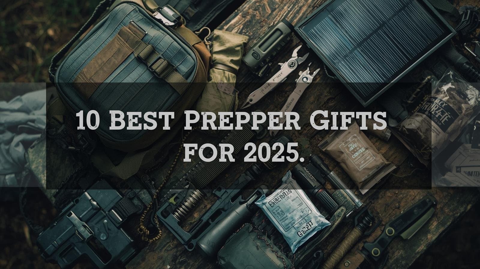 Survival gear and prepper supplies displayed with tactical equipment, emergency kits, and outdoor tools for adventurers and preppers.