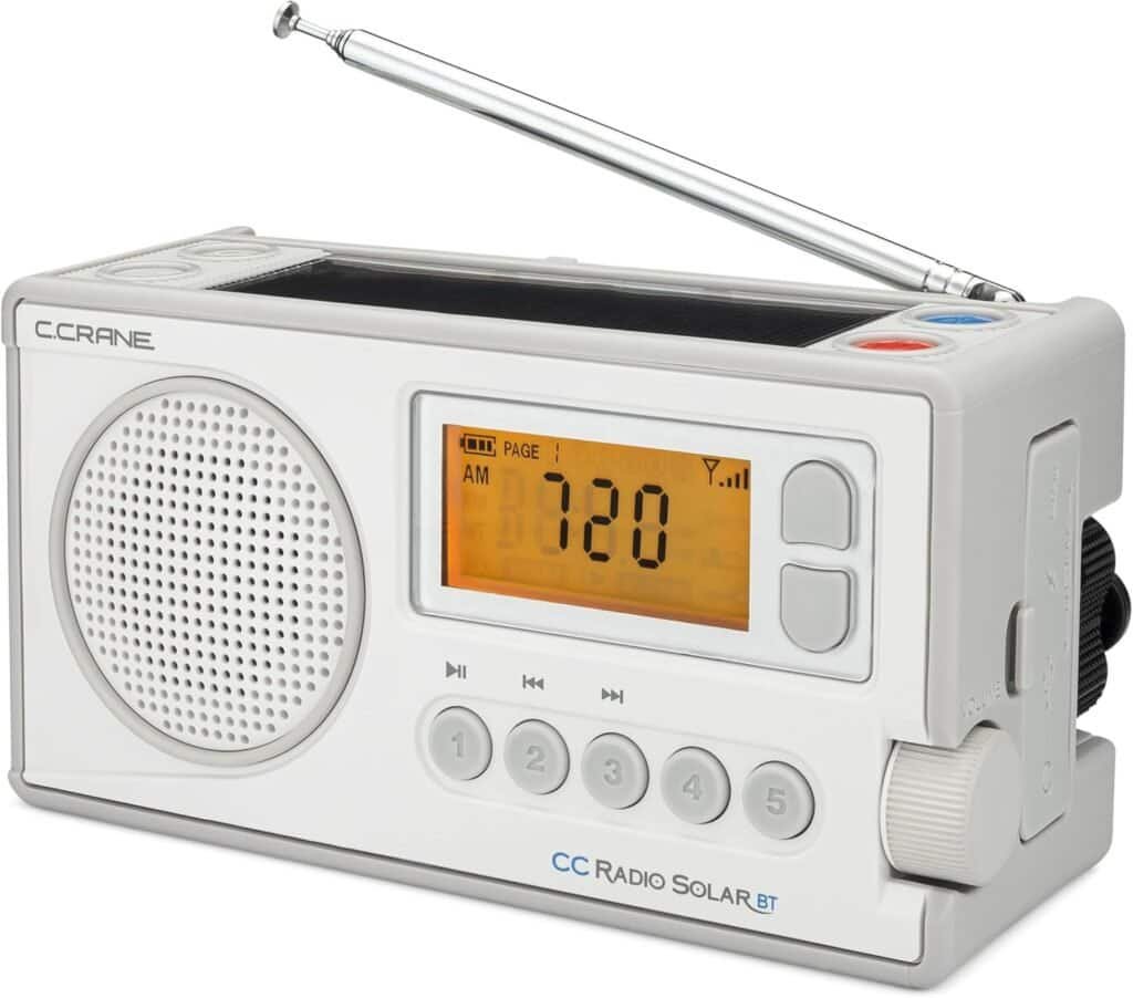 Portable solar-powered radio with digital display, Bluetooth, and FM/AM tuner for outdoor adventure, camping, and emergency preparedness. Lightweight and versatile for all your outdoor activities.