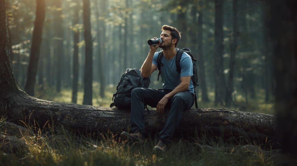 "Hiker sitting on fallen log in forest, taking a breath, drinking from water bottle, backpack beside them, composed and thoughtful expression, soft dappled forest light, moment of deliberate pause and assessment, not panicked, realistic outdoor photography style"