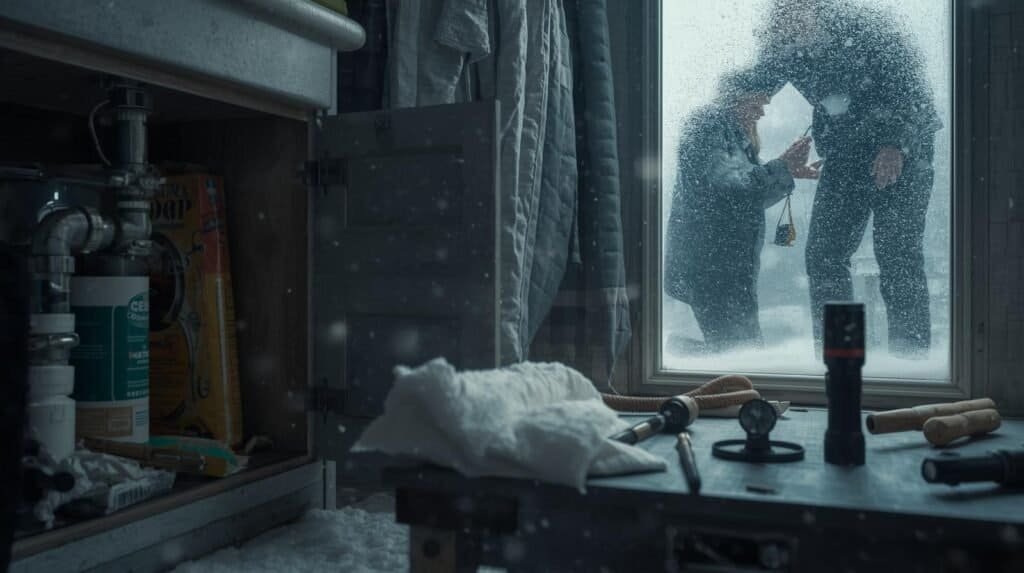 Close-up winter storm home-prep scene showing insulated pipes, an open cabinet under a sink, a homeowner applying weatherstripping to a drafty door, and a flashlight on a nearby workbench. Snow falling outside a frosted window in the background. Rugged, practical, real-world prepping vibe with cool winter tones and soft shadows.”
