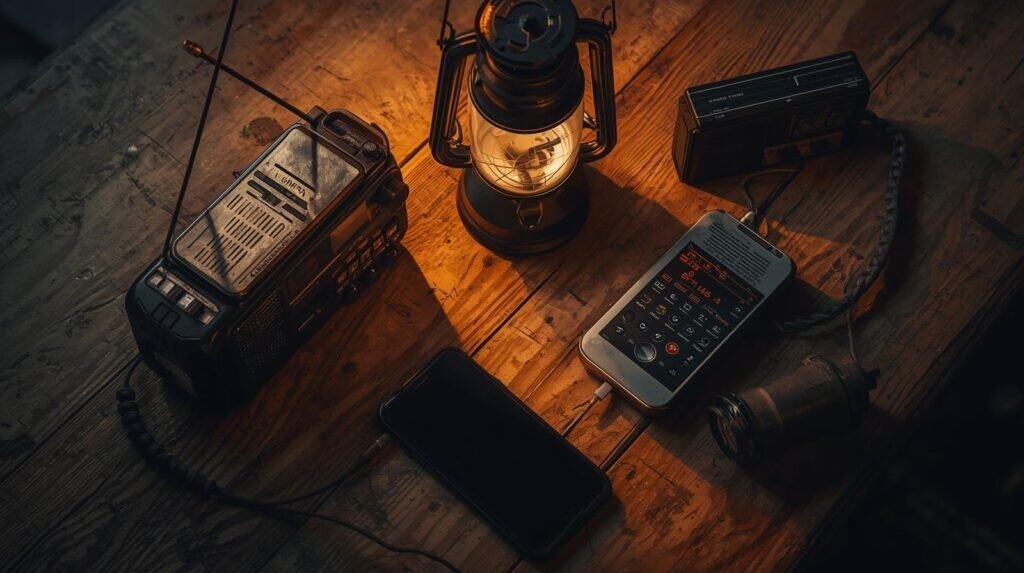 “GMRS radio, crank radio, and smartphone in Low Power Mode arranged together on a tabletop during a power outage. Lantern glow lighting the scene. Earthy tones, rugged, realistic survival vibe.”