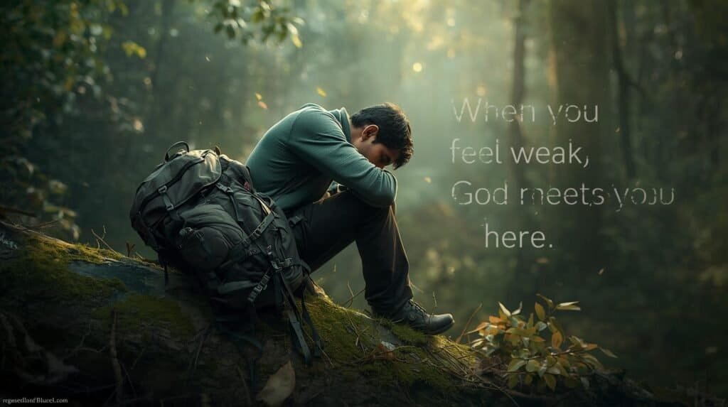 “Create an image of a hiker sitting on a log with his backpack beside him, head bowed in exhaustion but surrounded by peaceful forest light. Add soft overlay text: ‘When You Feel Weak, God Meets You Here.’ Use muted greens, warm highlights, and a rugged, natural vibe. Keep it calm and introspective.”