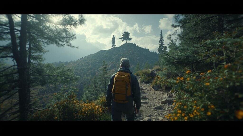 Hiker in forest looking toward distant distinctive tree on ridgeline, dotted line showing intended path of travel, first-person perspective from behind hiker, demonstrating landmark-to-landmark navigation technique, realistic wilderness setting, soft forest lighting"