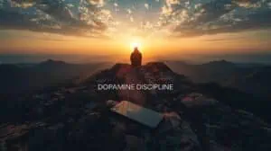 Vast mountain landscape at sunset with a person sitting on a rocky peak, symbolizing adventure and discipline, perfect for adventure travel and outdoor exploration content.