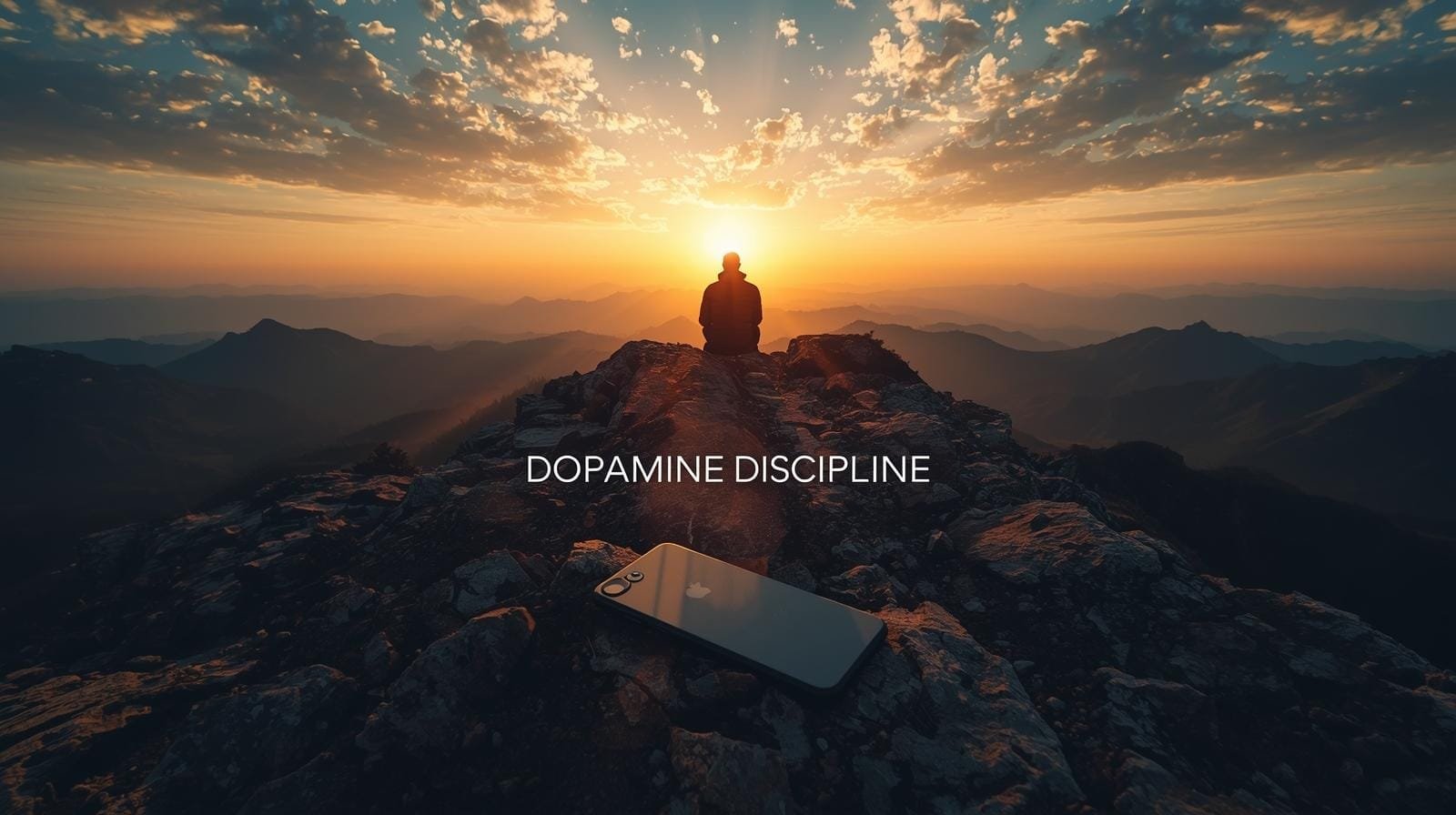 Vast mountain landscape at sunset with a person sitting on a rocky peak, symbolizing adventure and discipline, perfect for adventure travel and outdoor exploration content.