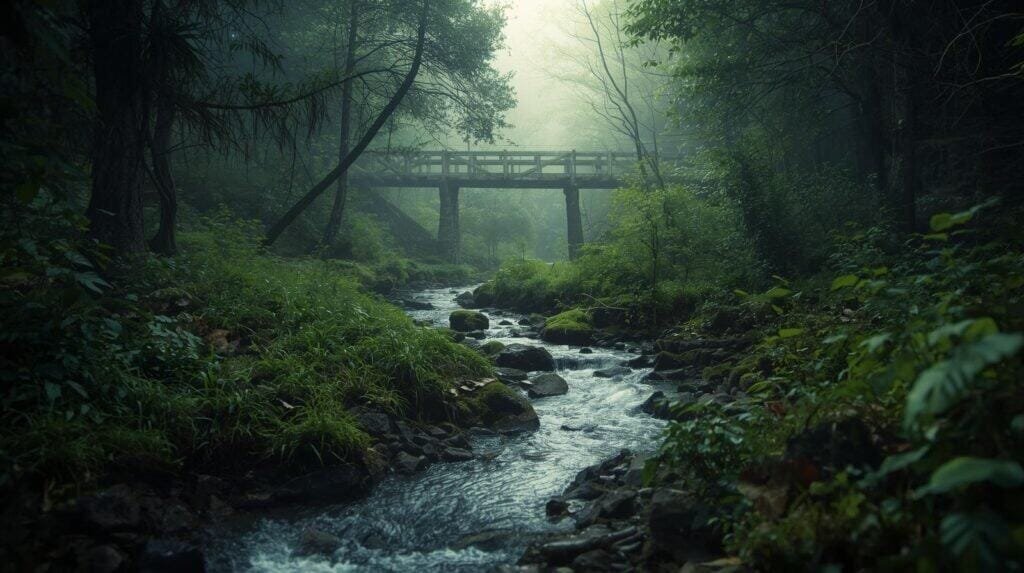 Small forest stream flowing through wilderness, converging with larger creek in distance, hints of civilization like old wooden bridge visible far downstream, survival navigation concept, atmospheric forest photography, morning mist, hopeful mood"