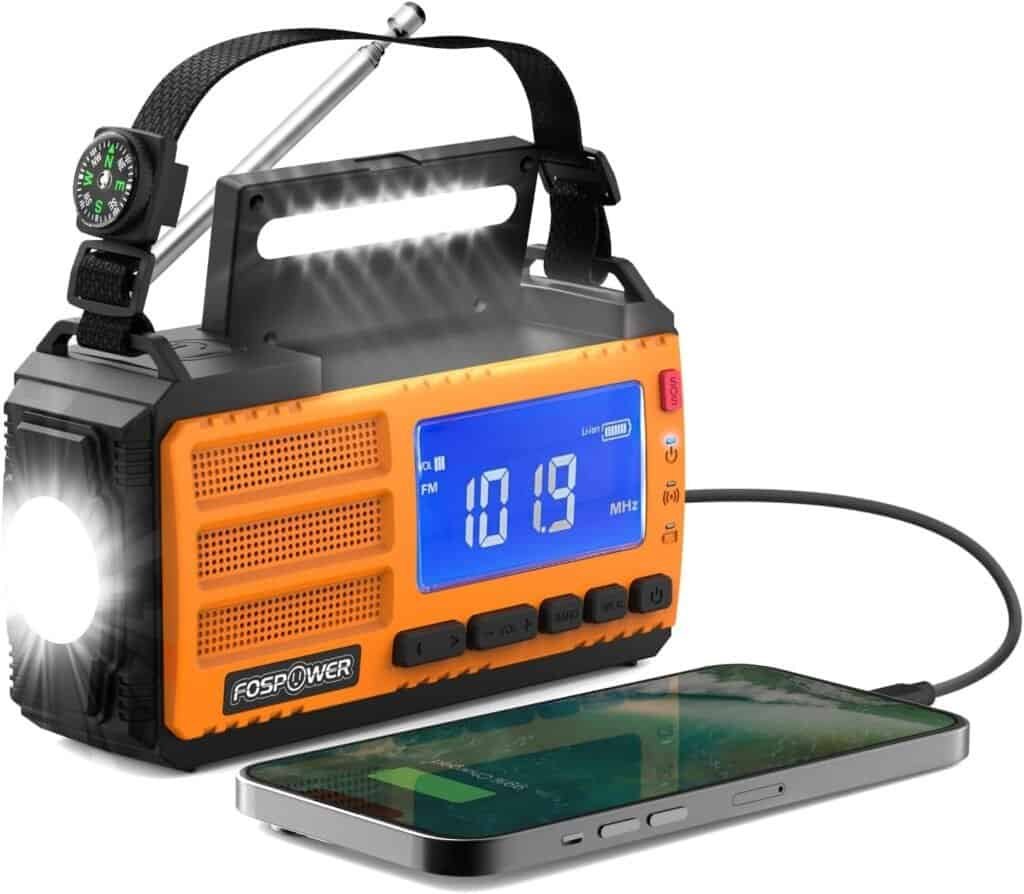 FosPower NOAA Emergency Weather Radio D8 37000mWh Portable Power Bank, AM/FM, USB/Solar/Hand Crank Charging, SOS Alarm & Flashlight for Indoor/Outdoor.