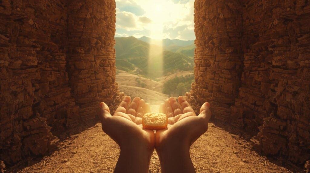 “Hands holding a small piece of bread (manna) while standing at the entrance of a wide, open trail leading into a promised-land style valley. Background shows the transition from wilderness to fertile land: dry desert behind, green hills ahead. Soft sunbeam falling onto the hands, highlighting the symbolic shift from supernatural provision to cultivated blessing. Realistic, warm, emotional, lightly gritty Adventure Wiser aesthetic.”