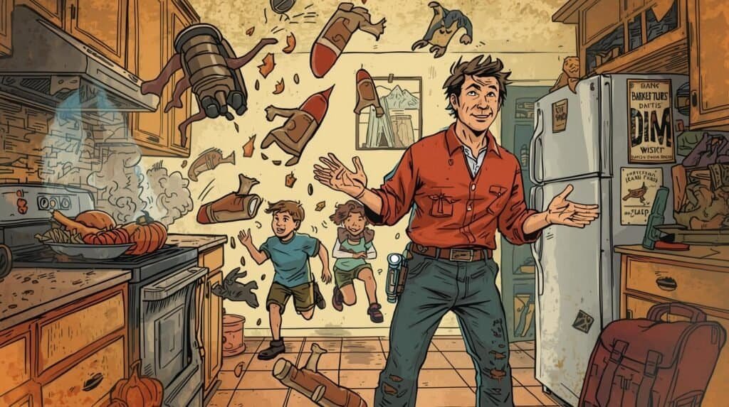 An illustrated scene of a dad in a cluttered kitchen with kids launching bottles and food in chaos, capturing family adventure and humorous moments.