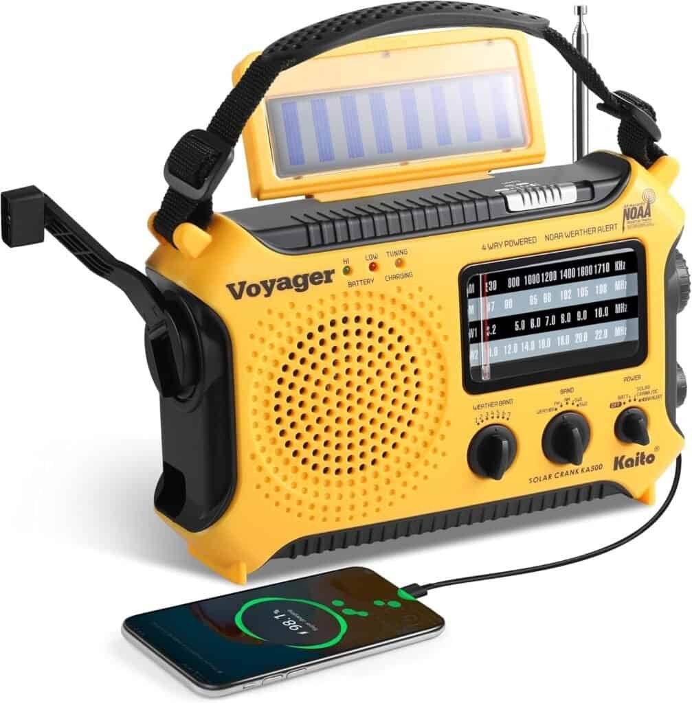 NASA weather alert radio with solar charger, portable emergency weather radio with AM/FM/NOAA weather updates, digital tuner, rechargeable battery, and mobile phone charging capability.