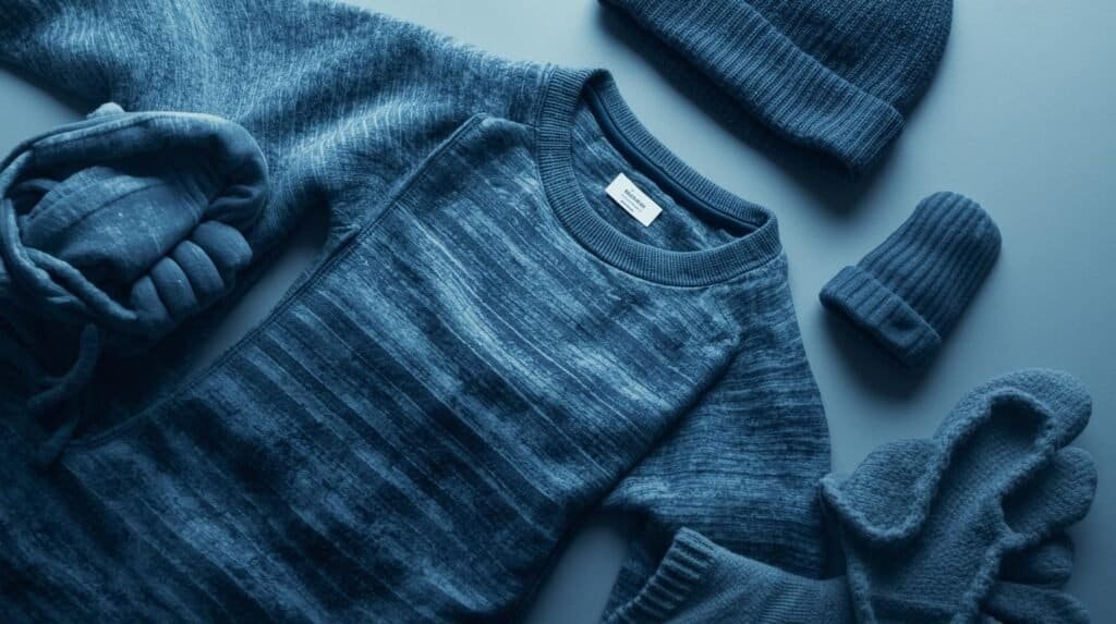 Close-up of layered winter clothing — merino base layer, fleece mid-layer, wool socks, gloves, and beanie — arranged like a flat-lay survival kit. Cold blue tones, crisp detail.