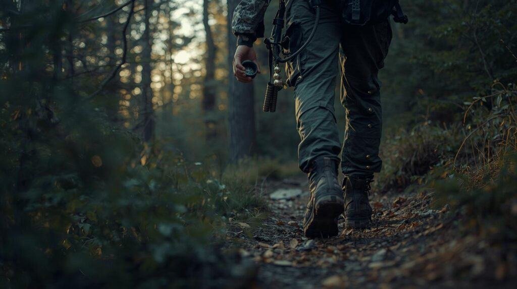 A hiker walking through a dense forest trail at sunset, carrying outdoor gear and a compass, ready for adventure and exploration in nature.