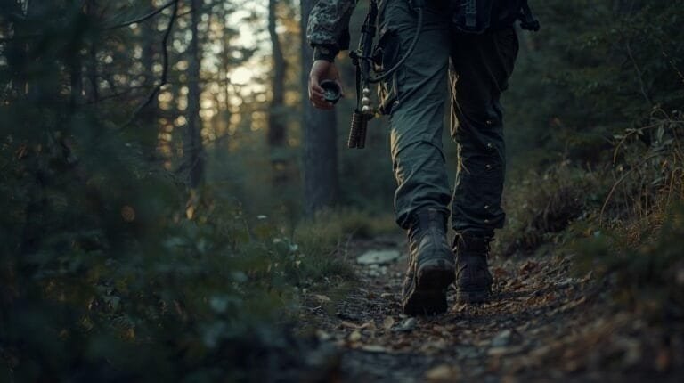 A hiker walking through a dense forest trail at sunset, carrying outdoor gear and a compass, ready for adventure and exploration in nature.