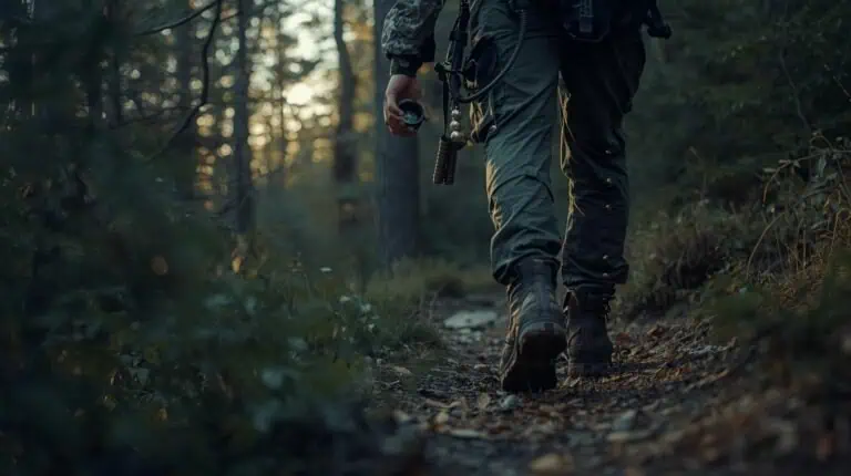 A hiker walking through a dense forest trail at sunset, carrying outdoor gear and a compass, ready for adventure and exploration in nature.