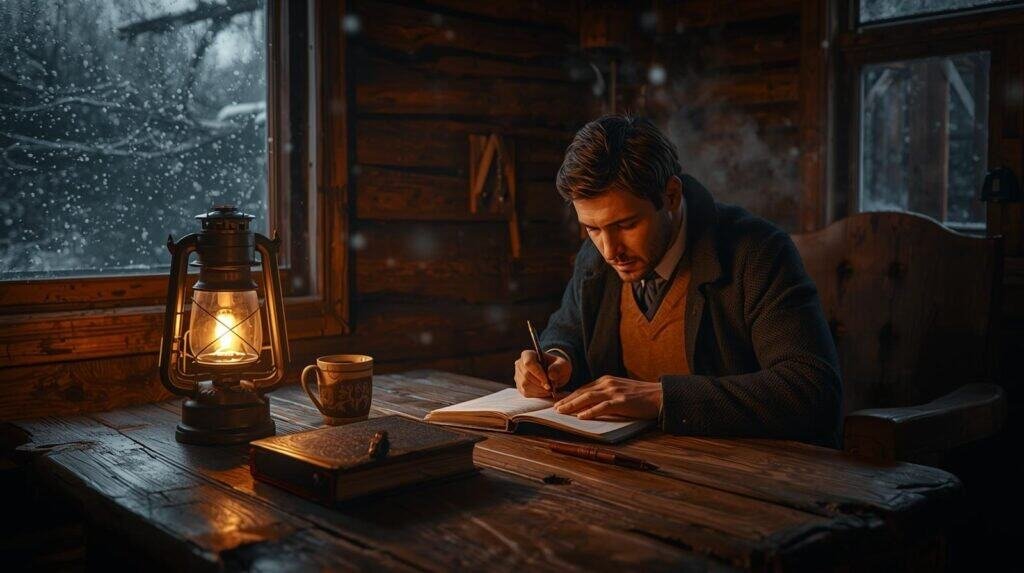 Man journaling by lantern light in a cabin, symbolizing calm reflection and mental clarity.