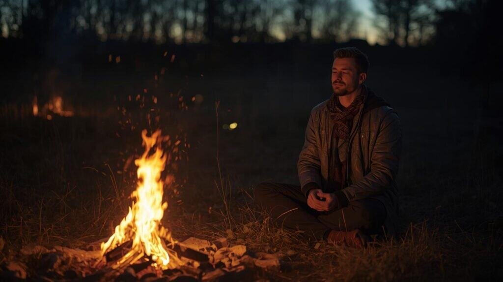 Man meditating by campfire at dusk, calm expression.
Symbol of balance restored.