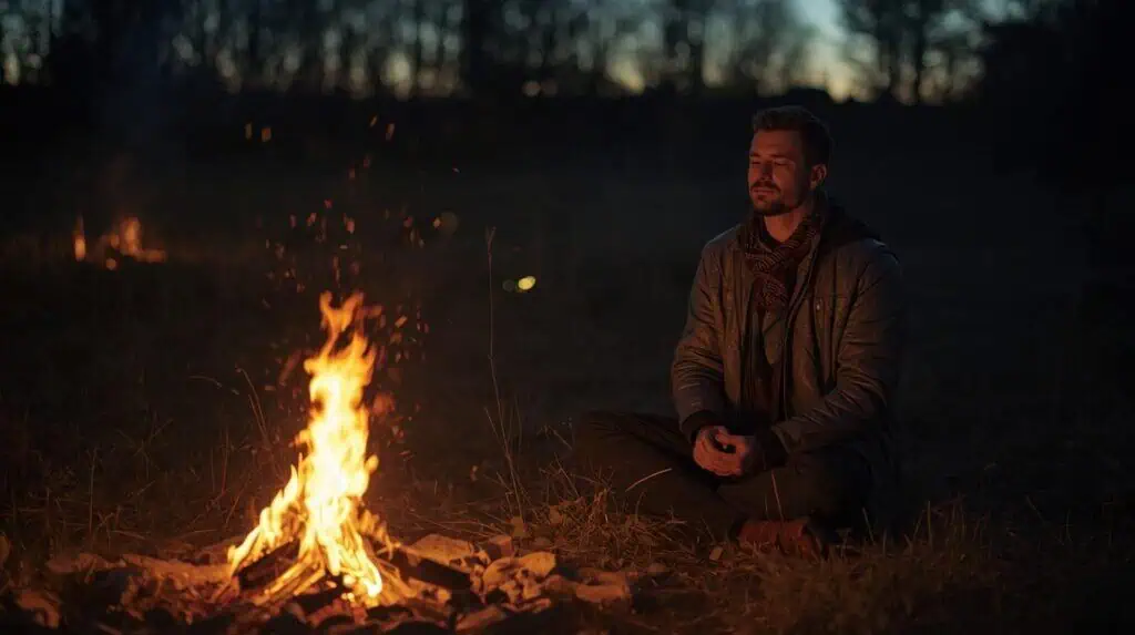 Man meditating by campfire at dusk, calm expression.Symbol of balance restored.