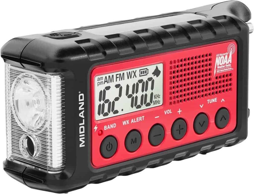 Portable NOAA weather radio with digital display and emergency alert function, ideal for outdoor adventures and survival preparedness.