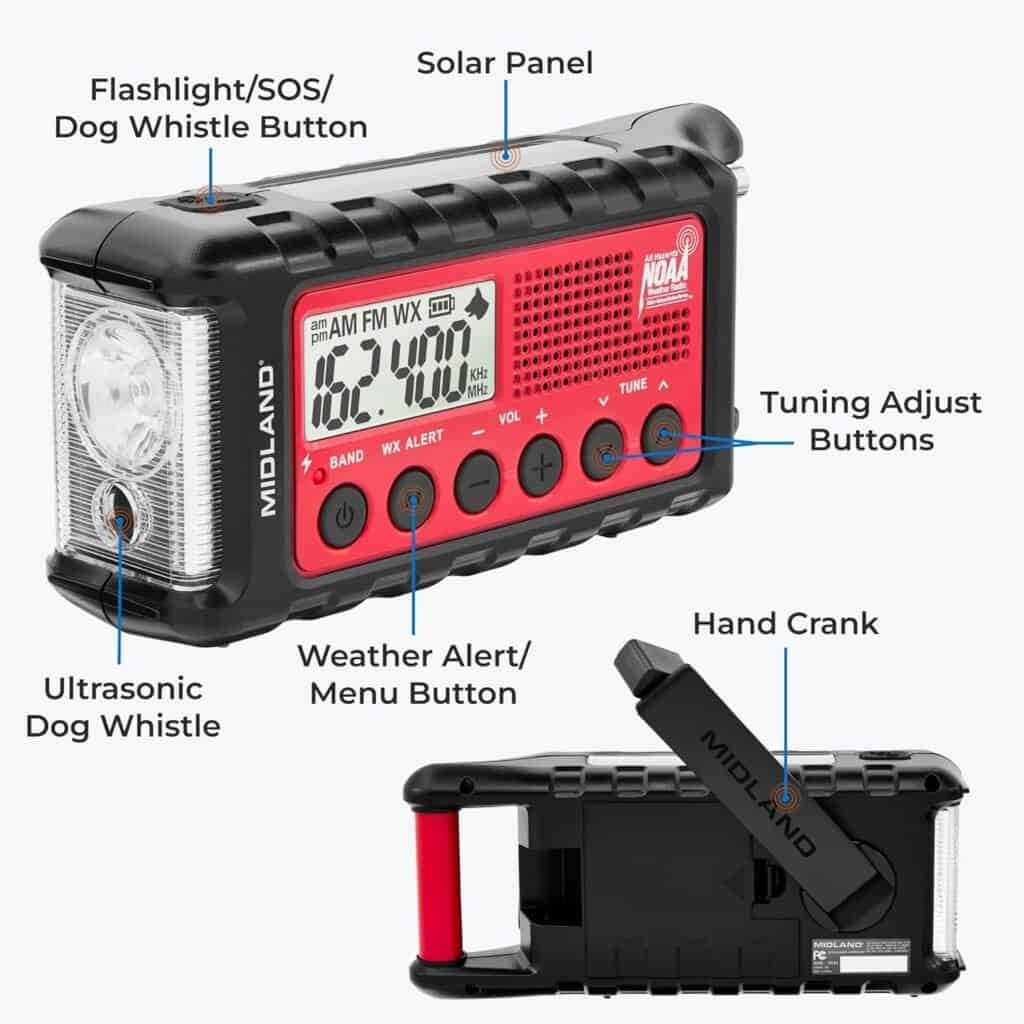 Weather alert radio with solar panel, digital display, ultrasonic dog whistle, and emergency features ideal for outdoor adventures and wilderness survival preparedness.