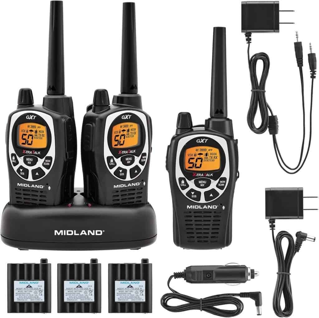 Walkie talkies set with rechargeable batteries and accessories, ideal for outdoor adventures and communication during hiking, camping, or other outdoor activities.