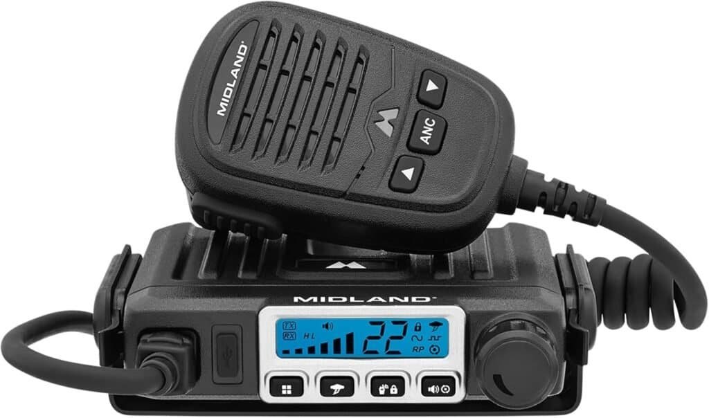High-quality Midland two-way radio walkie-talkie with digital display, noise reduction, and long-range communication for outdoor adventures and camping trips.