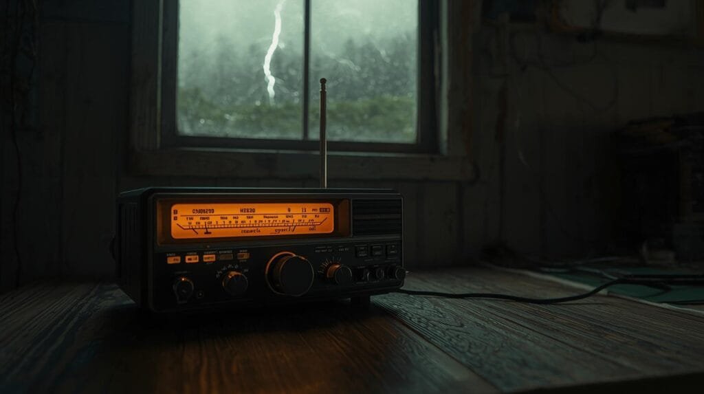 Vintage radio glowing steadily during a storm, symbolizing mental focus.