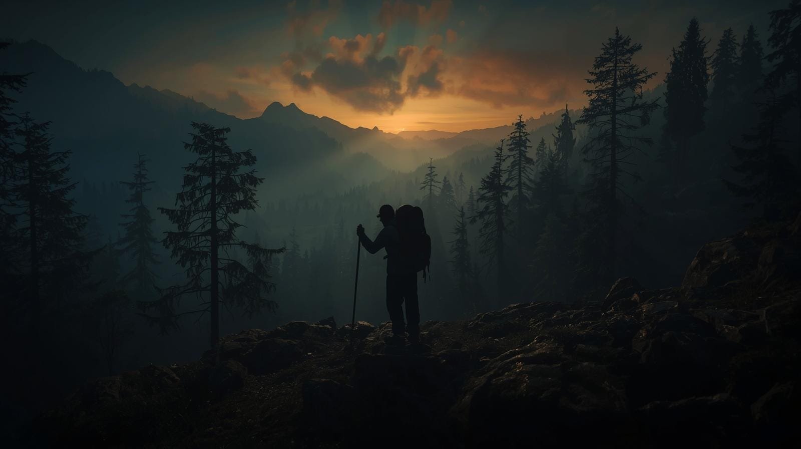 Exploring wilderness with a backpacker hiking trail in dense forest and majestic mountain backdrop at dusk, capturing adventurous spirit and outdoor exploration.