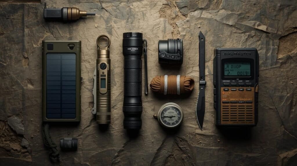 A clean, cinematic flat lay of modern prepper essentials on a rugged wooden or stone background — solar power bank, tactical flashlight, multitool, water filter, HAM radio, paracord bracelet, survival knife, and small cash roll. Add subtle dust and scuff textures for realism.
Include a subtle background element like a topographic map corner or compass edge to ground it in adventure aesthetics.
Style: cinematic realism, soft directional lighting, shallow depth of field.
Mood: practical, confident, ready-for-anything energy.
Color palette: tactical olive green, brass gold, desert tan, charcoal black.
