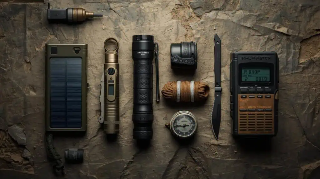 A clean, cinematic flat lay of modern prepper essentials on a rugged wooden or stone background — solar power bank, tactical flashlight, multitool, water filter, HAM radio, paracord bracelet, survival knife, and small cash roll. Add subtle dust and scuff textures for realism.Include a subtle background element like a topographic map corner or compass edge to ground it in adventure aesthetics.Style: cinematic realism, soft directional lighting, shallow depth of field.Mood: practical, confident, ready-for-anything energy.Color palette: tactical olive green, brass gold, desert tan, charcoal black.