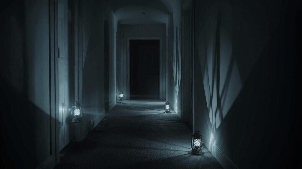 Hallway in a house during a blackout with LED lanterns placed strategically on the floor and a flashlight mounted or resting near doorways. Shadows stretch across walls. Practical, calm, readiness-focused atmosphere.