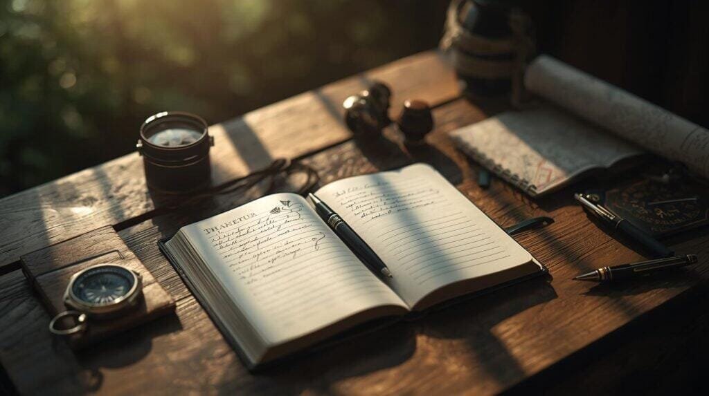 “Open journal on a rustic wooden table with a pen resting beside handwritten gratitude notes. Soft morning light coming through a window casts warm, peaceful shadows. Add subtle elements of preparedness—a compass, a folded map, or a simple leather pouch—suggesting reflection and intentional growth after the manna. Background slightly blurred for depth, colors warm and earthy. Calm, contemplative, devotional Adventure Wiser aesthetic.”