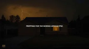 Lightning storm over a suburban house during a thunderstorm, dark clouds, and intense weather, illustrating preparing for extreme weather scenarios and outdoor safety.