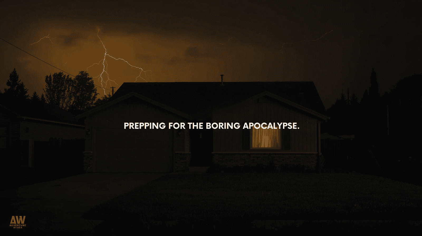 Lightning storm over a suburban house during a thunderstorm, dark clouds, and intense weather, illustrating preparing for extreme weather scenarios and outdoor safety.