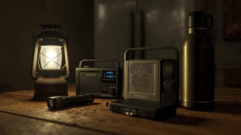 Radio and portable power bank for camping or outdoor adventures on a rustic wooden table under low light.