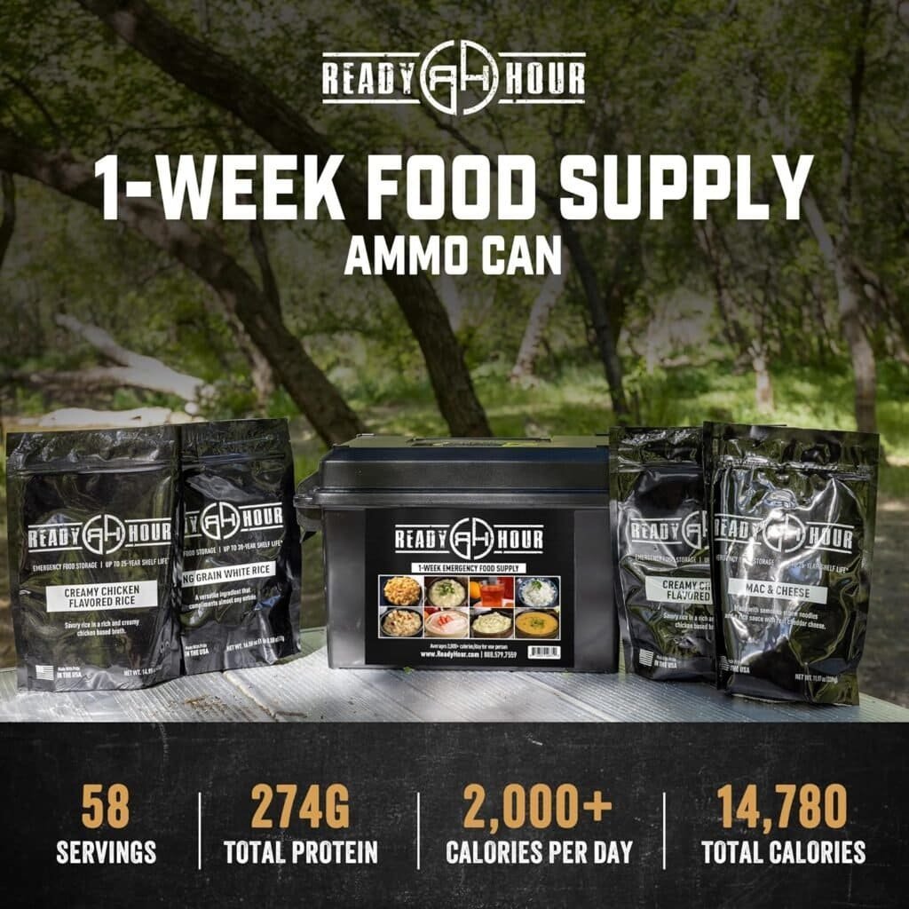 High-resolution image of a 1-week food supply kit in an ammo can with meal pouches, set outdoors in a forest environment.