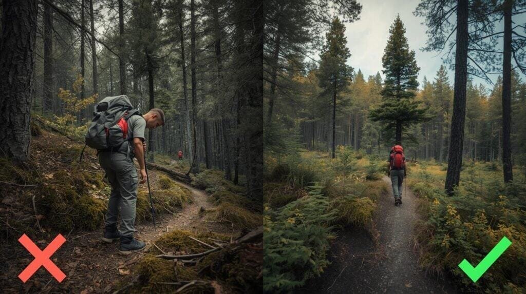 Split image or diptych showing contrast: Left side shows a hiker looking down at their feet while walking (wrong). Right side shows same hiker with head up, eyes on a distant steering mark tree (correct). Forest setting, educational comparison style. Photorealistic with subtle visual indicators (red X and green checkmark overlay optional).