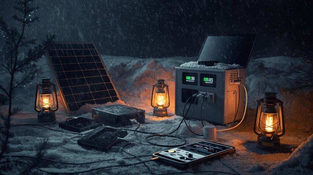 Portable power banks, solar panels, and a compact power station charging devices during a winter storm. Dark environment with soft lantern lighting.